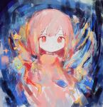  1girl abstract bangs expressionless fish highres looking_at_viewer original pink_eyes pink_hair pink_shirt shirt short_hair solo upper_body wbmura 