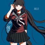  1girl bangs black_hair blue_background blunt_bangs breasts commentary_request cowboy_shot danganronpa_(series) danganronpa_v3:_killing_harmony dated eyebrows_visible_through_hair green_outline hair_ornament hairclip hand_in_hair hand_up harukawa_maki kiri_(2htkz) long_hair long_sleeves looking_at_viewer low_twintails miniskirt mole mole_under_eye outline plaid plaid_skirt pleated_skirt red_eyes red_scrunchie red_shirt school_uniform scrunchie serafuku shirt simple_background skirt smile solo standing translation_request twintails very_long_hair 