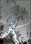  crossbone_gundam crossbone_gundam_x-3 divinidad fighting glowing glowing_eye green_eyes gundam heterochromia highres holding holding_sword holding_weapon looking_up mecha mechanical_wings mobile_armor mobile_suit no_humans open_hand science_fiction size_difference sword thrusters v-fin weapon wings yellow_eyes zb 