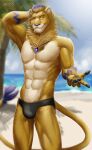  abs absurd_res amon-sydonai anthro beach felid hi_res lion male mammal muscular palm_tree pantherine plant seaside solo tree 