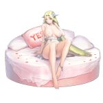  1girl anklet areolae barefoot bed blonde_hair blue_eyes blush breasts bumcha choker grin highres huge_breasts jewelry last_origin lingerie long_hair looking_at_viewer negligee on_bed pillow see-through sitting sitting_on_bed smile solo underwear very_long_hair wraithy yes-no_pillow 