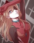  1girl arm_up blue_eyes bodysuit breasts brown_hair evangelion:_3.0_you_can_(not)_redo eyepatch highres long_hair looking_up neon_genesis_evangelion parted_lips plugsuit rebuild_of_evangelion red_bodysuit shikinami_asuka_langley small_breasts solo souryuu_asuka_langley yamada_kc 