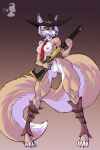  2:3 anthro ashe_(overwatch) blizzard_entertainment breasts canid canine canis cheek_tuft clothed clothing facial_tuft female genitals gun halftone halftone_background headgear headwear hi_res highlights_(coloring) holding_object holding_weapon legwear long_legs mammal muscular muscular_anthro muscular_female muscular_thighs necktie overwatch partially_clothed pattern_background pussy ranged_weapon red_eyes simple_background solo thick_thighs tuft verakultura video_games weapon wolf 