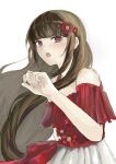  1girl :o arm_at_side bangs bare_arms bare_shoulders blunt_bangs blush brown_eyes brown_hair collarbone commentary_request danganronpa_(series) danganronpa_10th_anniversary_costume danganronpa_v3:_killing_harmony dress eyebrows_visible_through_hair flower from_side hair_flower hair_ornament hand_up harukawa_maki highres long_arms long_hair looking_at_viewer mole mole_under_eye off-shoulder_shirt off_shoulder official_alternate_costume open_mouth red_dress red_eyes red_flower red_shirt rorishin shirt short_sleeves simple_background solo twintails upper_body very_long_hair white_background 