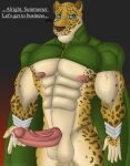  absurd_res anthro armwear atlus balls barazoku bodily_fluids bottomless cape cheetah clothed clothing demon digital_media_(artwork) erection felid feline fur genital_fluids genitals hi_res humanoid_genitalia humanoid_penis klr-rio leopard looking_at_viewer male mammal megami_tensei muscular muscular_anthro muscular_male nipples ose_(goetia) pantherine penis precum simple_background smile solo spots_(marking) text tight_clothing vein veiny_penis video_games whiskers 