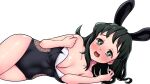  1girl alternate_costume animal_ears blush breasts bunny_ears cleavage embarrassed green_eyes green_hair highres kimetsu_no_yaiba kwrrrrrr leotard looking_at_viewer lying makomo_(kimetsu) nervous_smile on_side simple_background small_breasts solo wavy_mouth white_background 