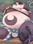  2021 alp_(tas) anthro bake_gosut balls belly blush censored classroom clothing cute_fangs flaccid fur genitals giant_panda hat headgear headwear hi_res male mammal moobs navel nipples obese obese_male overweight overweight_male penis purple_body purple_fur school shirt small_penis solo tokyo_afterschool_summoners topwear underwear ursid video_games white_body white_fur 