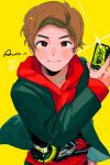  1boy black_jacket blush brown_hair cowboy_shot glint hiden_aruto highres holding hood hood_down hoodie jacket kamen_rider_01_(series) looking_at_viewer red_hoodie ruu_wan_mm short_hair signature simple_background smile solo yellow_background 