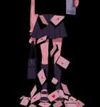  1girl bag black_background black_bag black_legwear black_shirt black_skirt heart highres holding holding_bag letter long_sleeves lower_body mob_psycho_100 myon_(tokipi) pleated_skirt shirt shoes simple_background skirt socks solo takane_tsubomi white_footwear 