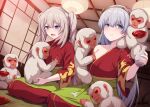  2girls absurdres anastasia_(fate) bangs blue_eyes blush breast_grab breasts fate/grand_order fate_(series) grabbing hairband highres huge_filesize japanese_clothes kimono large_breasts long_hair marie_antoinette_(fate) marugoshi_(54burger) medium_breasts monkey multiple_girls open_mouth silver_hair twintails very_long_hair 