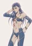  bangs bare_shoulders blue_hair bracelet breasts closed_mouth collarbone commentary_request cowboy_shot cu_chulainn_(fate)_(all) detached_sleeves earrings fate/stay_night fate_(series) frown genderswap genderswap_(mtf) grey_background hand_on_hip hand_up highres jewelry lancer long_hair looking_at_viewer male_focus medium_breasts mondi_hl navel necklace red_eyes simple_background solo standing stomach tattoo 