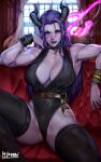  1girl bare_shoulders belt blue_eyes breasts chair choker commission earrings english_commentary final_fantasy final_fantasy_xiv heterochromia hibren highres horns jewelry large_breasts leotard long_hair looking_at_viewer muscular muscular_female parted_lips purple_eyes purple_hair scar sitting sleeveless solo teeth thighhighs 