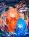  2girls abstract blue_eyes blue_hair blush highres multiple_girls orange_eyes orange_hair original signature upper_body wbmura 