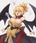  ! !! 1girl bangs bare_shoulders black_dress black_sleeves black_wings blonde_hair blush bouncing_breasts bow breasts breasts_outside brooch commentary_request demon_wings detached_sleeves disgaea dress earrings hair_between_eyes highres jewelry large_breasts long_sleeves looking_down makai_senki_disgaea_2 open_mouth pointy_ears red_bow red_eyes red_neckwear rozalin sidelocks simple_background solo spoken_exclamation_mark strapless strapless_dress surprised tearing_up tears wardrobe_malfunction wings yellow_bow yonaga 