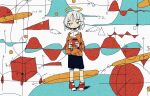  1girl angel_wings arrow_(symbol) cube cup detached_wings grey_hair half-closed_eyes halo highres holding long_sleeves nyr50ml orange_shirt original physics red_footwear shadow shirt shoes short_hair solo triangle wings 