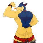  1:1 alpha_channel anthro ball_tuft balls briefs butt claws clothed clothing fur genitals gesture male mammal muscular nintendo notkastar pants_down partially_clothed pointing pok&eacute;mon pok&eacute;mon_(species) smile solo tuft typhlosion underwear video_games 