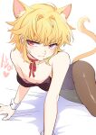  302 animal_ears blonde_hair blush bulge cat_boy cat_ears cat_tail choker crossdressing extra_ears eyebrows_visible_through_hair highres jeong_sana leotard male_focus nipples otoko_no_ko red_eyes ribbon_choker suicide_boy sweatdrop tail wrist_cuffs 