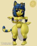  3d_(artwork) 4:5 animal_crossing ankh ankha_(animal_crossing) anthro areola areola_slip big_areola big_breasts big_butt blender_(software) blue_hair bottomwear breast_squish breasts butt cleavage clothed clothing curvy_figure dancing digital_media_(artwork) domestic_cat egyptian egyptian_clothing egyptian_headdress felid feline felis female fur hair hi_res huge_hips huge_thighs jewelry loincloth mammal nintendo no_irises pelvic_curtain short_stack simple_background solo squish tahlian thick_thighs topwear tube_top uraeus video_games voluptuous wide_hips yellow_body 