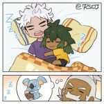  3boys :3 bangs black_hair closed_eyes closed_mouth commentary_request dark_skin dark_skinned_male gen_7_pokemon green_hair grey_hair guzma_(pokemon) hala_(pokemon) hau_(pokemon) komala long_hair lying male_focus multicolored_hair multiple_boys on_back on_side pillow pokemon pokemon_(creature) pokemon_(game) pokemon_sm purple_shirt sewenan shirt short_sleeves shorts sleeping smile thought_bubble two-tone_hair under_covers zzz 