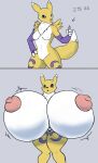  3_fingers anthro big_breasts breast_expansion breasts comic digimon digimon_(species) expansion female fingers grey_background hand_on_hip hi_res holding_object huge_breasts hyper hyper_breasts nipples nude pendrive pink_nipples renamon simple_background solo sonicgamer 