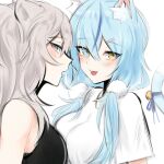  2girls animal_ear_fluff animal_ears bangs bell blue_hair blush breast_press breasts cat_ears cat_girl cat_tail daiishori eyebrows_visible_through_hair grey_eyes grey_hair highres hololive kemonomimi_mode large_breasts lion_ears lion_girl looking_at_viewer looking_back multiple_girls open_mouth shirt shishiro_botan symmetrical_docking tail tail_bell tail_ornament tongue tongue_out twintails upper_body virtual_youtuber white_background white_shirt yellow_eyes yukihana_lamy 