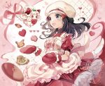  1girl :d alcremie alcremie_(strawberry_sweet) apron black_hair blush coco7 commentary_request dawn_(pokemon) ditto dress eyelashes frills gen_1_pokemon gen_8_pokemon grey_eyes hair_ornament hairclip hat heart holding long_hair open_mouth oven_mitts pikachu pink_ribbon pokemon pokemon_(creature) pokemon_(game) pokemon_masters_ex red_dress red_mittens ribbon short_sleeves smile tongue valentine 