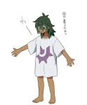  1boy bangs barefoot blush_stickers commentary_request dark_skin dark_skinned_male full_body green_hair hair_between_eyes hau_(pokemon) long_hair male_focus outstretched_arms oversized_clothes oversized_shirt pokemon pokemon_(game) pokemon_sm sewenan shirt short_sleeves solo standing toes translation_request 