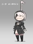  1girl :| black_blindfold black_dress black_hairband blindfold boots chibi cleavage_cutout closed_mouth clothing_cutout dress gradient gradient_background hairband juliet_sleeves long_sleeves nier_(series) nier_automata otamatone puffy_sleeves pun shigatake short_hair solo thigh_boots thighhighs translated white_hair yorha_no._2_type_b |_| 