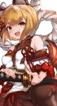  1girl absurdres animal_ears bare_shoulders blonde_hair blush breasts detached_sleeves dog_ears dog_tail fang granblue_fantasy highres katana maou_(maoudaisukiya) medium_breasts open_mouth pantyhose short_hair smile solo sword tail vajra_(granblue_fantasy) weapon wide_sleeves yellow_eyes 