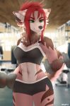  2021 anthro black_nose breasts canid canine digital_media_(artwork) eyebrows eyelashes female green_eyes hair hi_res mammal midriff navel nayeliefox red_hair smile solo 