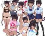  1girl animal_ear_fluff animal_ears aran_sweater armpits arms_up ass_visible_through_thighs backless_outfit bare_legs barefoot bell bell_choker black_bra black_choker black_hair black_legwear black_panties blue_neckwear blue_skirt blush bow bowtie bra breasts buruma cat_cutout cat_ears cat_lingerie cat_tail cellphone choker cleavage_cutout closed_mouth clothing_cutout collarbone collared_shirt commentary crop_top crossed_legs dark_skin dark_skinned_female diagonal-striped_bow drink eating eyebrows_visible_through_hair food food_on_face frilled_bra frills full_body gradient_hair green_eyes grey_sweater hair_between_eyes highres holding holding_drink holding_phone indian_style lips looking_at_viewer loose_bowtie medium_breasts meme_attire midriff miniskirt mouth_hold multicolored_hair multiple_views navel open_mouth original panties papico_(ice_cream) paw_print phone pillow pillow_hug pleated_skirt purple_hair sailor_collar school_uniform self_shot serafuku sharp_teeth shirt short_hair side-tie_panties simple_background sitting skirt smartphone smile split standing standing_on_one_leg standing_split sweater tail tank_top teeth thigh_gap thighhighs thighs translated turtleneck turtleneck_sweater two-tone_hair underwear v virgin_killer_sweater virtual_youtuber white_background white_shirt white_tank_top wing_collar wristband yes-no_pillow yuzuriha_(active_homing) 