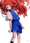  1girl bangs black_eyes blue_shorts dated expressionless feet_out_of_frame floating_hair highres original puffy_short_sleeves puffy_sleeves red_hair ruu_wan_mm short_sleeves shorts signature simple_background solo white_background 