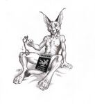  0laffson 2021 4_toes 5_fingers anthro breasts caracal caracal_(genus) feet felid feline female fingers hi_res looking_at_viewer mammal monochrome nude smile solo toes traditional_media_(artwork) 
