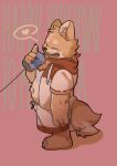  2021 9x8bit absurd_res belly canid canine canis clothed clothing domestic_dog english_text eyes_closed hi_res hoodie kemono male mammal navel open_clothing open_hoodie open_topwear slightly_chubby solo text topwear 