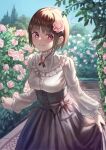  1girl bangs blunt_bangs blush bow brown_hair brown_skirt buttons closed_mouth commentary_request day eyelashes flower frills gomashiwo_o hair_flower hair_ornament hedge_(plant) highres holding holding_clothes holding_skirt long_sleeves looking_at_viewer original outdoors pink_eyes pink_flower rose short_hair skirt sky smile solo standing 