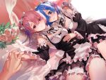  2girls blue_eyes blue_hair flowers headband maid peach_luo pink_eyes pink_hair ram_(re:zero) re:zero_kara_hajimeru_isekai_seikatsu rem_(re:zero) rose short_hair twins 