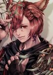  1boy animal_ears bangs cat_boy cat_ears facial_mark final_fantasy final_fantasy_xiv g&#039;raha_tia highres jewelry looking_at_viewer male_focus mihira_(tainosugatayaki) miqo&#039;te mistletoe neck_tattoo necklace red_eyes red_hair scarf short_hair slit_pupils solo tattoo 