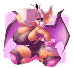  anthro big_breasts bottomwear breasts chiropteran cleavage clothed clothing female gloves hair hair_over_eye handwear hi_res kneeling mammal nipple_outline oddjuice one_eye_obstructed rouge_the_bat shorts solo sonic_the_hedgehog_(series) wings 