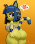  3d_(artwork) 4:5 animal_crossing ankha_(animal_crossing) anthro big_breasts big_butt blender_(software) blue_hair bottomless breasts butt butt_grab clothed clothing curvy_figure digital_media_(artwork) domestic_cat egyptian egyptian_clothing egyptian_headdress felid feline felis female fur hair hand_on_butt hi_res holding_butt huge_butt jewelry looking_back makeup mammal mummy_wrappings nintendo short_stack side_boob simple_background solo squish tahlian thick_thighs uraeus video_games voluptuous wide_hips yellow_body 