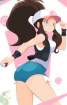  1girl antenna_hair baseball_cap black_vest black_wristband blue_eyes brown_hair closed_mouth commentary english_commentary eyelashes gen_5_pokemon hand_on_headwear hand_up hat high_ponytail highres hilda_(pokemon) holding holding_poke_ball jellcaps long_hair poke_ball poke_ball_(basic) poke_ball_symbol pokemon pokemon_(creature) pokemon_(game) pokemon_bw shirt short_shorts shorts sidelocks sleeveless sleeveless_shirt snivy starter_pokemon two-tone_headwear vest white_shirt wristband 