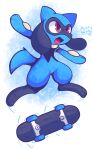  2021 airborne ambiguous_gender anthro blue_body digitigrade hi_res looking_up mysticwaffle032 nintendo open_mouth pok&eacute;mon pok&eacute;mon_(species) red_eyes riolu signature skateboard smile solo spread_arms spread_legs spreading video_games 