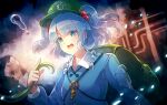  1girl 60mai :d backpack bag bangs blue_eyes blue_hair blue_shirt blunt_bangs breasts cabbie_hat commentary_request eyebrows_visible_through_hair eyes_visible_through_hair green_bag green_headwear hair_bobbles hair_ornament hat holding kawashiro_nitori key light_blush long_sleeves looking_at_viewer open_mouth pocket seaweed shirt short_hair sidelocks small_breasts smile solo touhou two_side_up upper_body 