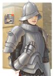  1boy arm_up armor brick_wall brown_eyes chainmail fire_emblem fire_emblem:_three_houses fire_emblem_heroes gatekeeper_(fire_emblem) heart helmet looking_to_the_side one_eye_covered open_mouth outdoors regan_(hatsumi) shoulder_armor smile upper_body 