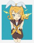  +_+ 1girl ;p bare_shoulders blonde_hair blue_eyes bow commentary detached_sleeves electricity eyebrows_visible_through_hair hair_bow hair_ornament hairclip kagamine_rin leaning_forward lightning_bolt looking_at_viewer one_eye_closed sailor_collar shirt short_hair sketch sleeveless sleeveless_shirt solo star-shaped_pupils star_(symbol) symbol-shaped_pupils tongue tongue_out vocaloid zimoow 