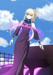  1girl aoki_hagane_no_arpeggio asymmetrical_hair bird blonde_hair blue_sky cloud commentary_request day dress hair_up instrument kongou_(aoki_hagane_no_arpeggio) lipstick long_dress looking_at_viewer makeup outdoors pantyhose piano purple_dress purple_lipstick red_eyes side_ponytail sidelocks silvia_(nana) sky solo 