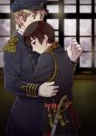  2boys axis_powers_hetalia bangs blonde_hair blurry blurry_background brown_eyes brown_hair closed_mouth gloves green_eyes hat himaruya_hidekazu_(style) hug indoors jacket japan_(hetalia) kuro long_sleeves male_focus military military_uniform multiple_boys sword thick_eyebrows uniform united_kingdom_(hetalia) weapon white_gloves window yaoi 