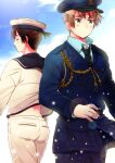  2boys axis_powers_hetalia bangs black_neckwear blonde_hair blue_jacket blue_pants closed_eyes closed_mouth clothes_writing cloud day gloves green_eyes hat himaruya_hidekazu_(style) jacket japan_(hetalia) kuro long_sleeves male_focus military military_uniform multiple_boys necktie outdoors pants sailor sailor_collar sailor_hat sky thick_eyebrows uniform united_kingdom_(hetalia) white_gloves white_pants 