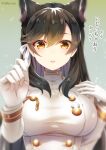  1girl animal_ears atago_(azur_lane) azur_lane brown_eyes brown_hair eyebrows_visible_through_hair gloves hair_between_eyes highres impossible_clothes long_hair looking_at_viewer ribbon silky_(silky_alice) solo translation_request uniform white_gloves white_ribbon 