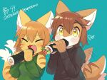  2021 5_fingers accessory anthro blue_background blush breasts brown_body brown_fur brown_hair canid canine clothed clothing cute_fangs duo eating english_text eyes_closed felid feline female fingers food food_in_mouth fur hair hair_accessory hi_res holding_food holding_object inner_ear_fluff japanese_text kemono mammal multicolored_body multicolored_fur multicolored_tail open_mouth orange_hair popoemo rice short_hair signature simple_background sushi sweater tailwag text tongue topwear tuft white_body white_fur yellow_body yellow_eyes yellow_fur 