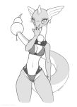  2020 anthro bikini breasts cleavage clothed clothing dragon dragonair ecmajor female fin fin_piercing furgonomics furry-specific_piercing gesture head_fin hi_res long_tail looking_at_viewer monochrome nintendo non-mammal_breasts piercing pok&eacute;mon pok&eacute;mon_(species) scalie skimpy solo suggestive swimwear tongue tongue_out v_sign video_games 